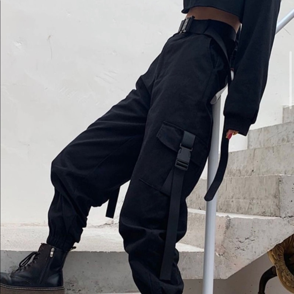 Black Baggy-Fit Cargo Harem Pants with Buckles & Nylon Straps, Size M Women